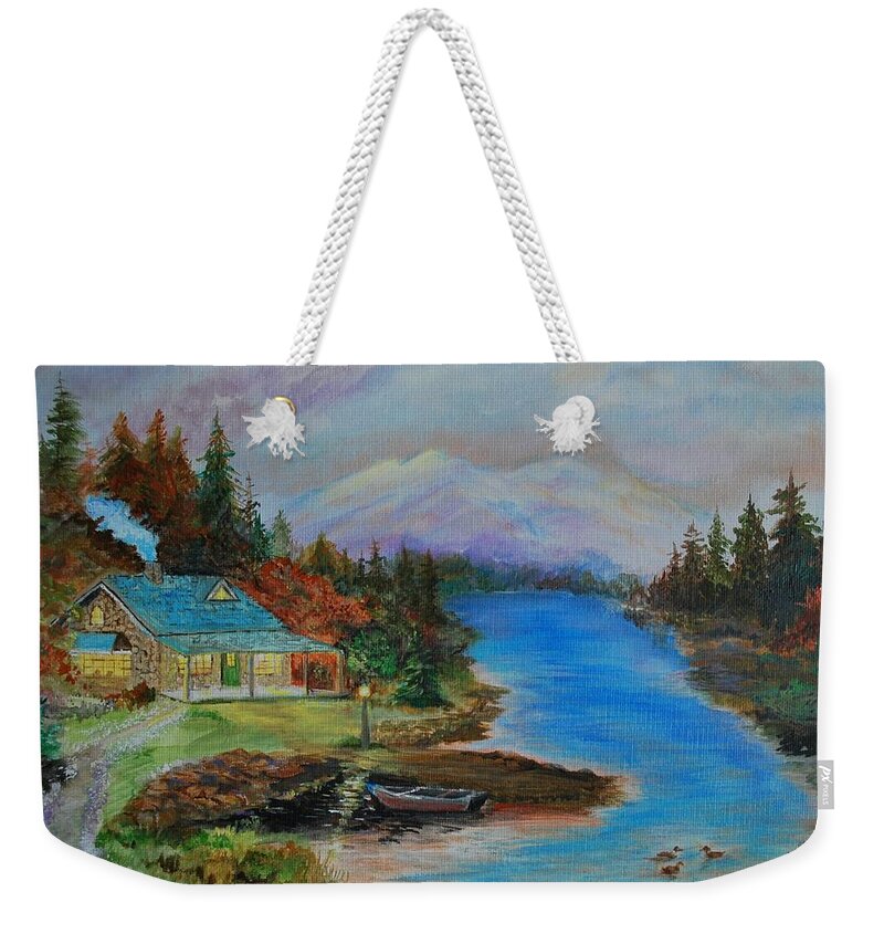 Cabin Painting Weekender Tote Bag featuring the painting Grandmas Cabin by Leslie Allen