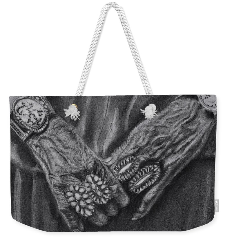 Grandmother Weekender Tote Bag featuring the drawing Grandmother Hands by Sheila Johns