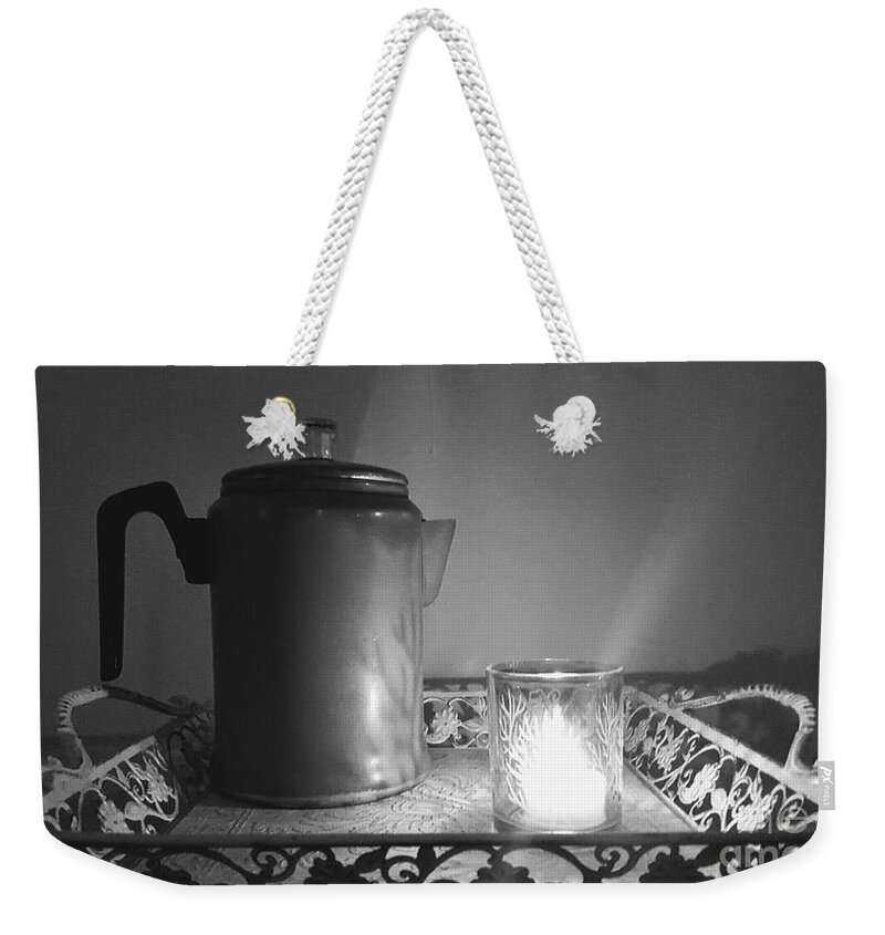 Black-and-white Weekender Tote Bag featuring the photograph Grandmothers Vintage Coffee Pot by Rachel Hannah