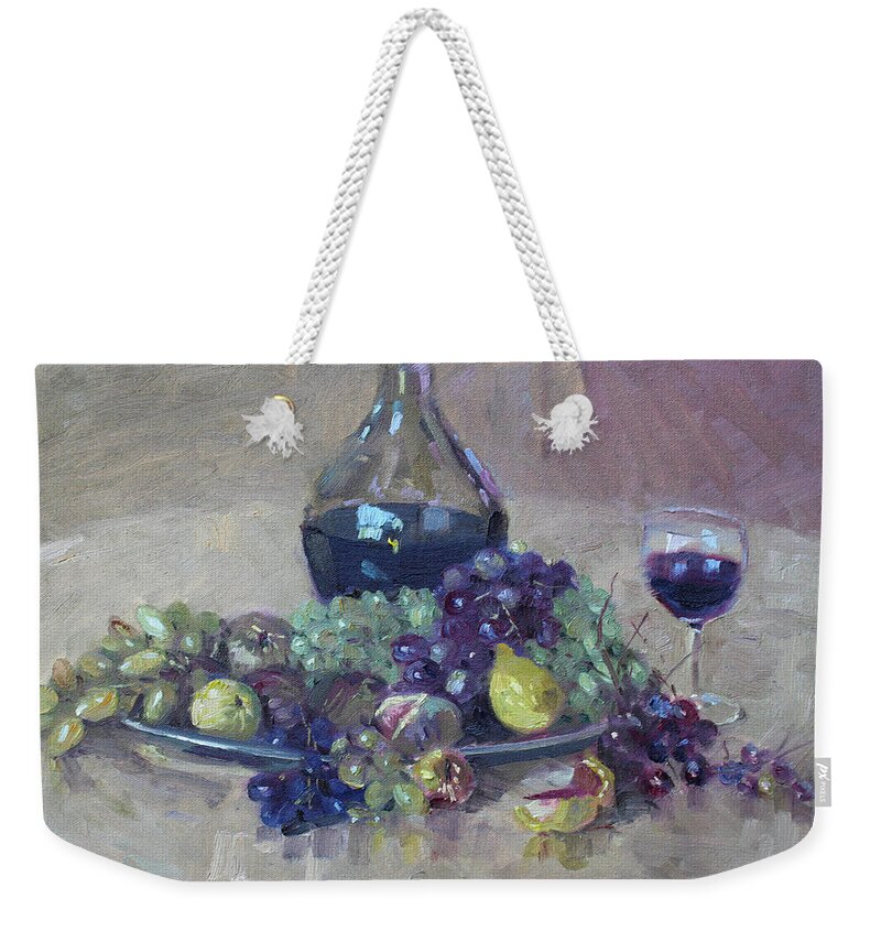 Grape Weekender Tote Bag featuring the painting Grape and Wine by Ylli Haruni