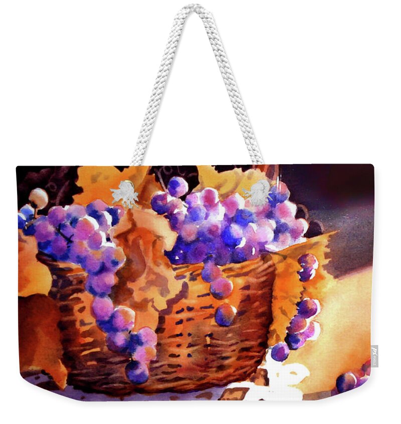 Still-life Weekender Tote Bag featuring the painting Grapes and Basket by Kathy Braud