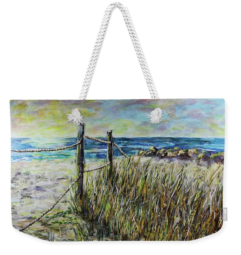 Grass Weekender Tote Bag featuring the painting Grassy Beach Post Morning 1 by Janis Lee Colon