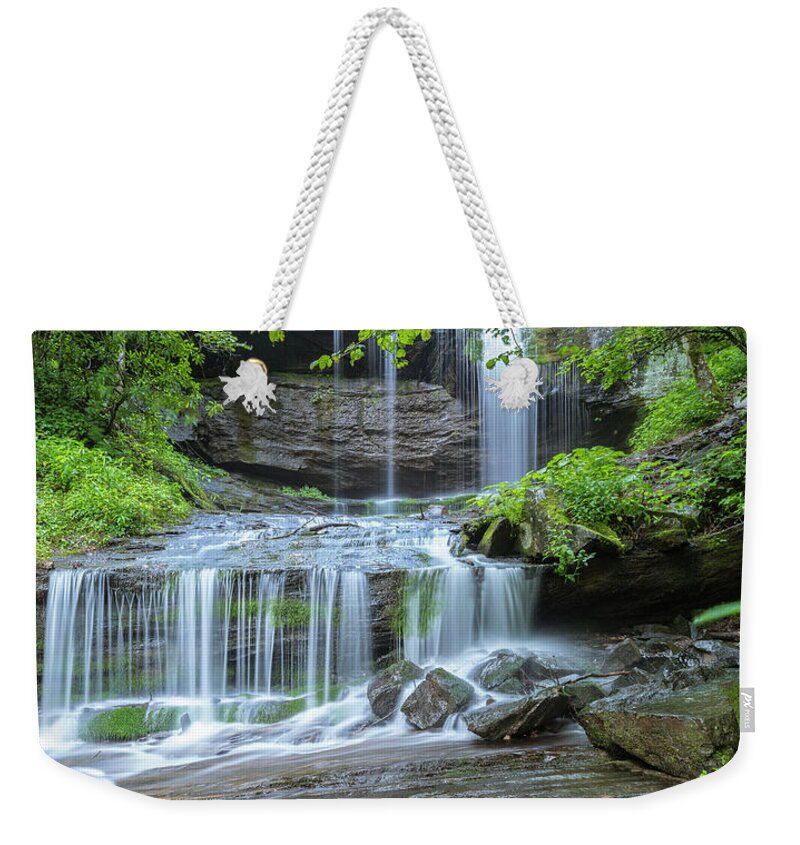 Grassy Weekender Tote Bag featuring the photograph Grassy Creek Falls in Little Switzerland in Blue Ridge Parkway Panorama by Ranjay Mitra