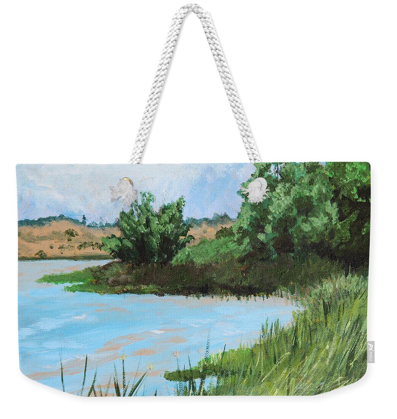 Grass Weekender Tote Bag featuring the painting Grassy Shore by Masha Batkova