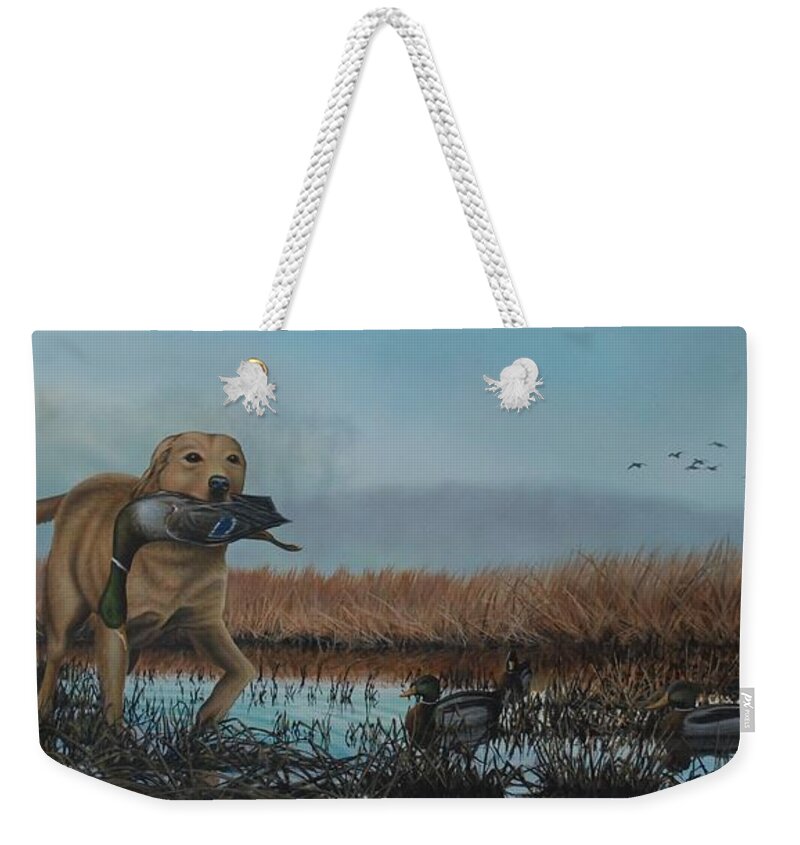 Yellow Lab Weekender Tote Bag featuring the painting Gray Day Mallards by Anthony J Padgett