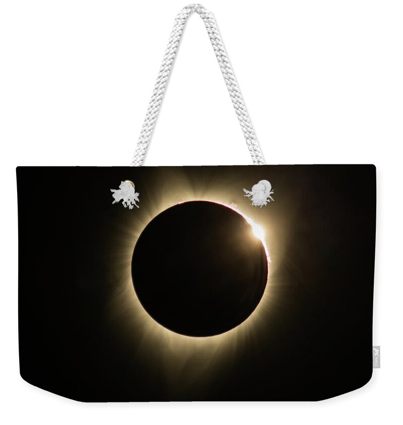 Great American Eclipse Weekender Tote Bag featuring the photograph Great American Eclipse Diamond Ring 5x7 as seen in Albany, Oregon. by John King