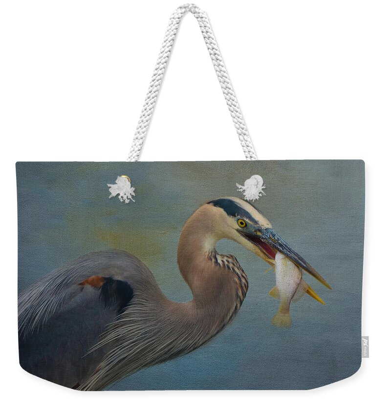Great Blue Heron Weekender Tote Bag featuring the photograph Great Blue Heron And Catch by Sandi OReilly