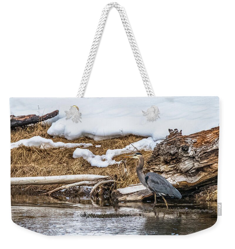 Madison River Weekender Tote Bag featuring the photograph Great Blue Heron At Madison by Yeates Photography