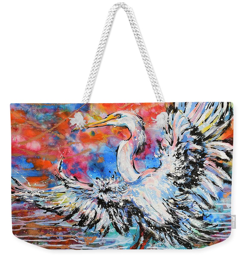  Weekender Tote Bag featuring the painting Great Egret Sunset Glory by Jyotika Shroff