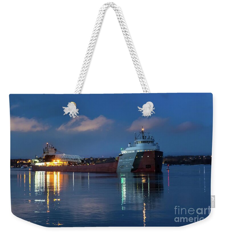 Great Lakes Weekender Tote Bag featuring the photograph Great Lakes Freighter Cason Callaway Reflections -6776 by Norris Seward