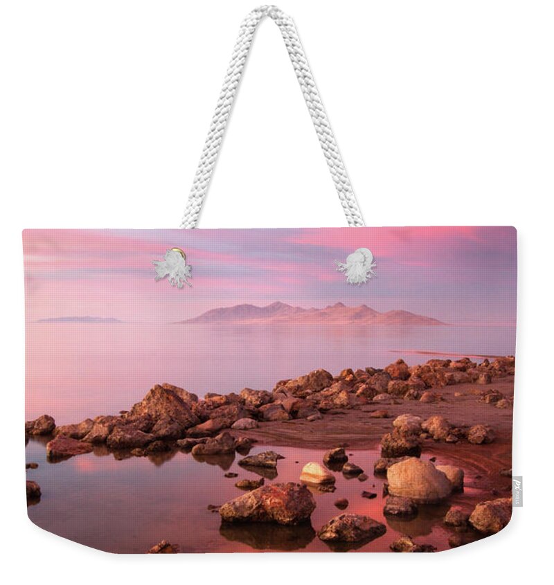 Utah Weekender Tote Bag featuring the photograph Great Salt Lake and Antelope Island Sunset by Brett Pelletier