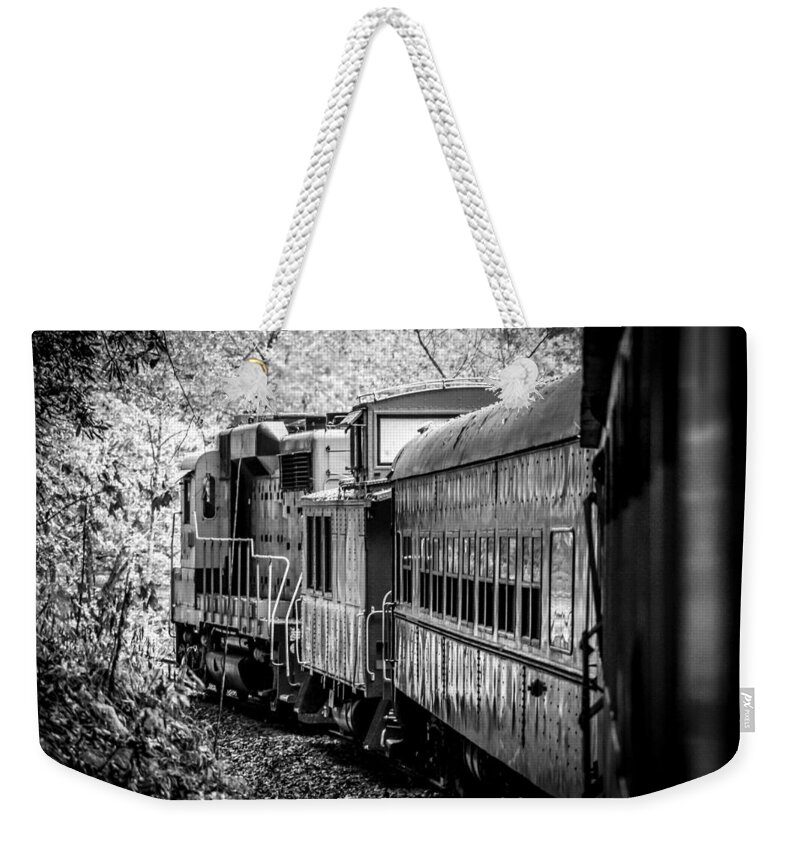 Kelly Hazel Weekender Tote Bag featuring the photograph Great Smokey Mountain Railroad Looking Out at the Train in Black and White by Kelly Hazel