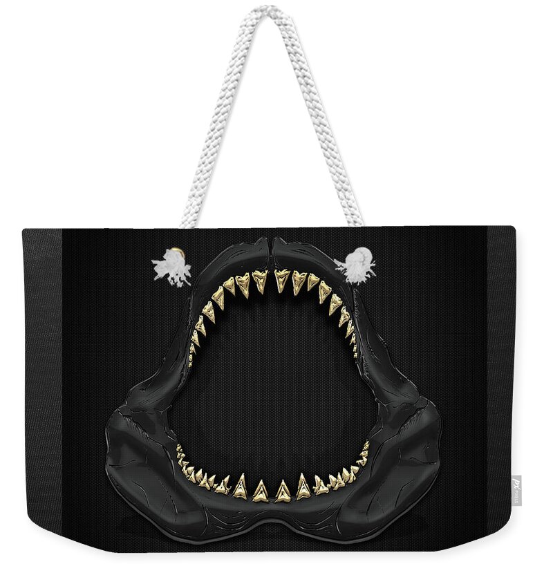 �black On Black� Collection By Serge Averbukh Weekender Tote Bag featuring the photograph Great White Shark Jaws with Gold Teeth by Serge Averbukh