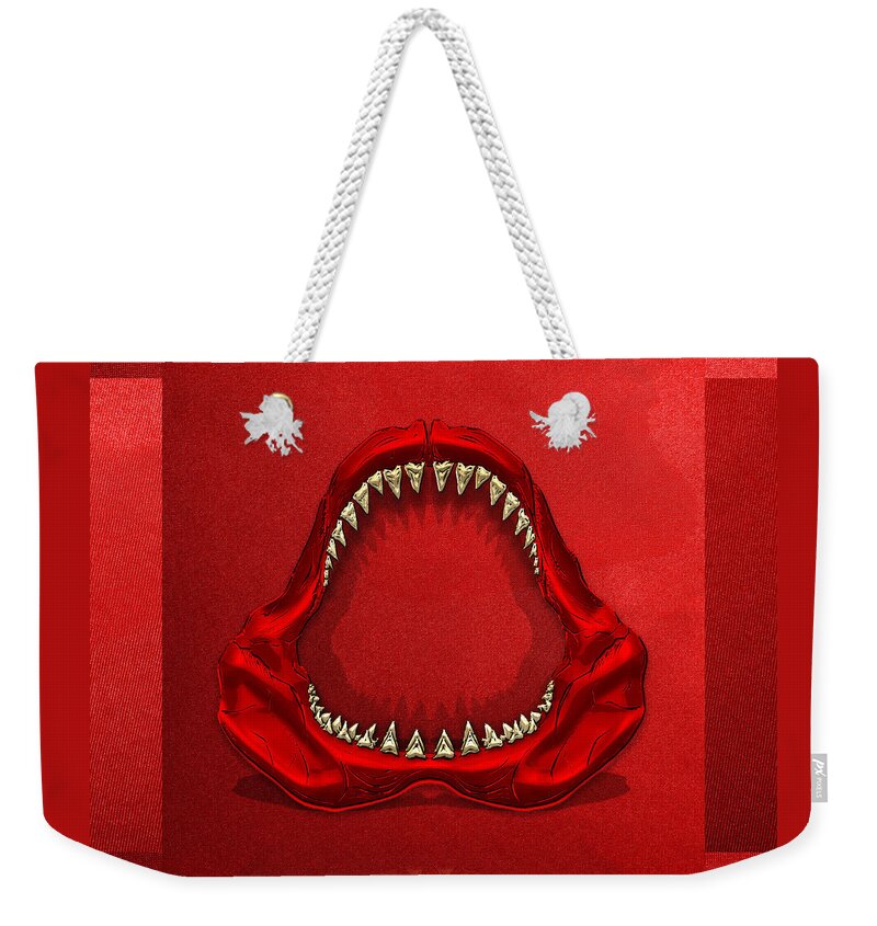 'visual Art Pop' Collection By Serge Averbukh Weekender Tote Bag featuring the digital art Great White Shark - Red Jaws with Gold Teeth on Red Canvas by Serge Averbukh