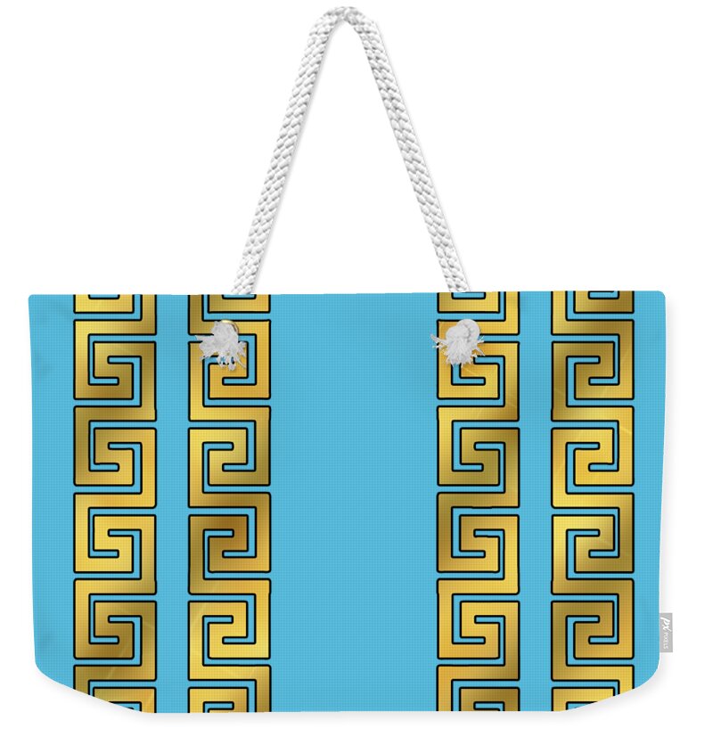 Greek Key Weekender Tote Bag featuring the digital art Greek Key Gold Pattern by Chuck Staley