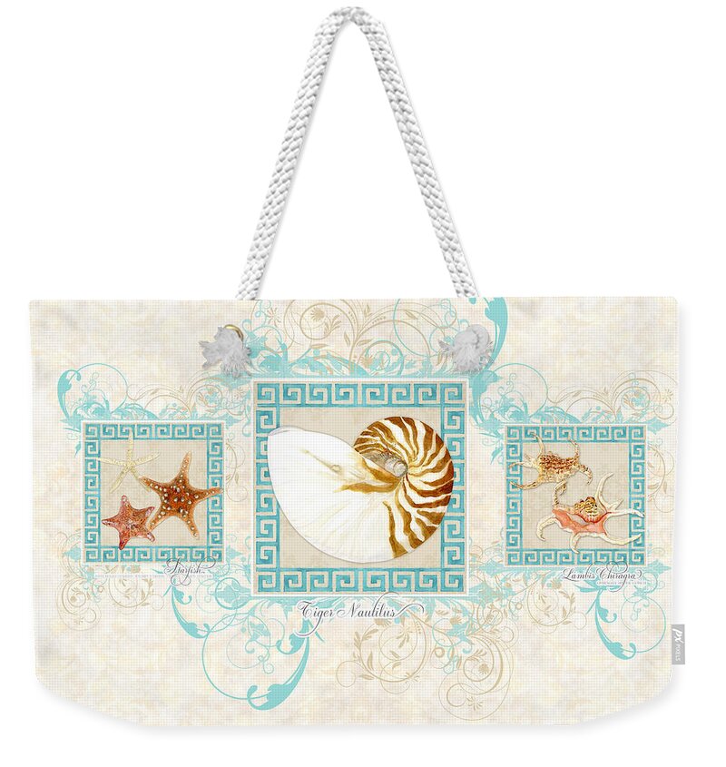 Seashells Weekender Tote Bag featuring the painting Greek Key Nautilus Starfish n Conch Shells by Audrey Jeanne Roberts