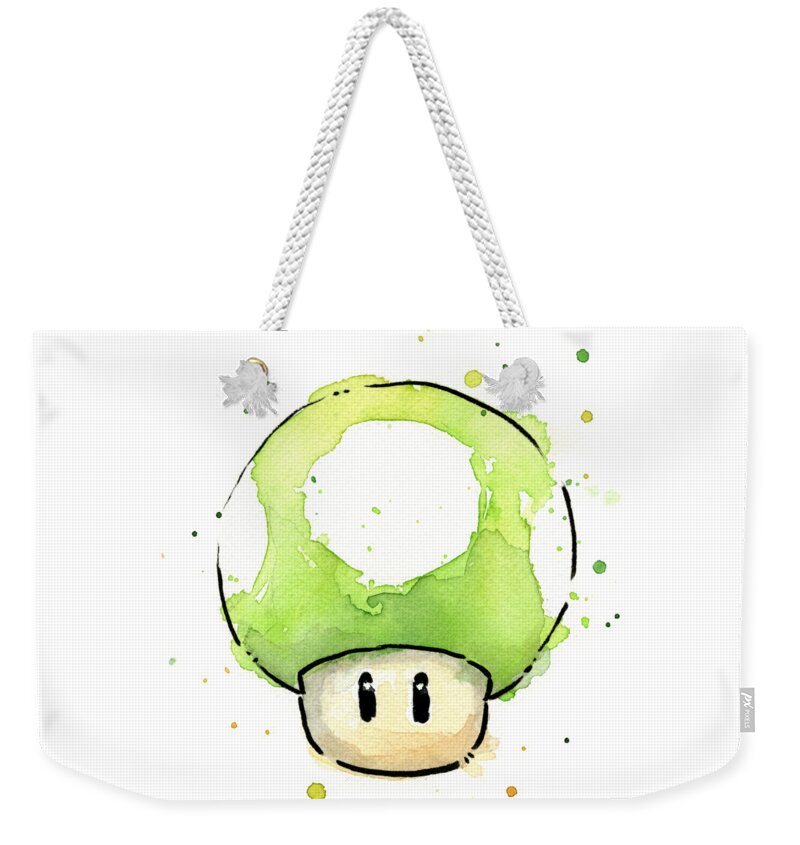 Video Game Weekender Tote Bag featuring the painting Green 1UP Mushroom by Olga Shvartsur