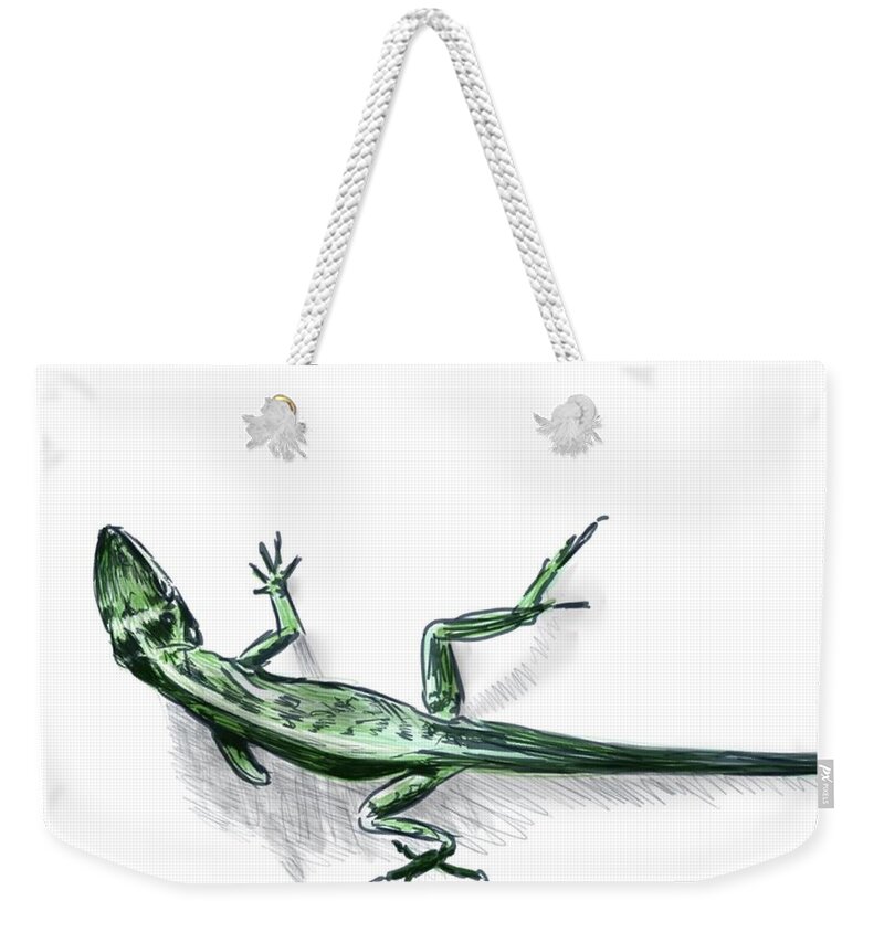 Lizard Weekender Tote Bag featuring the digital art Green Anole by Thomas Hamm