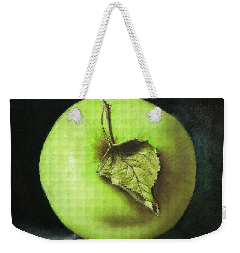 Oil Pastel Weekender Tote Bag featuring the painting Green Apple with Leaf by Marna Edwards Flavell