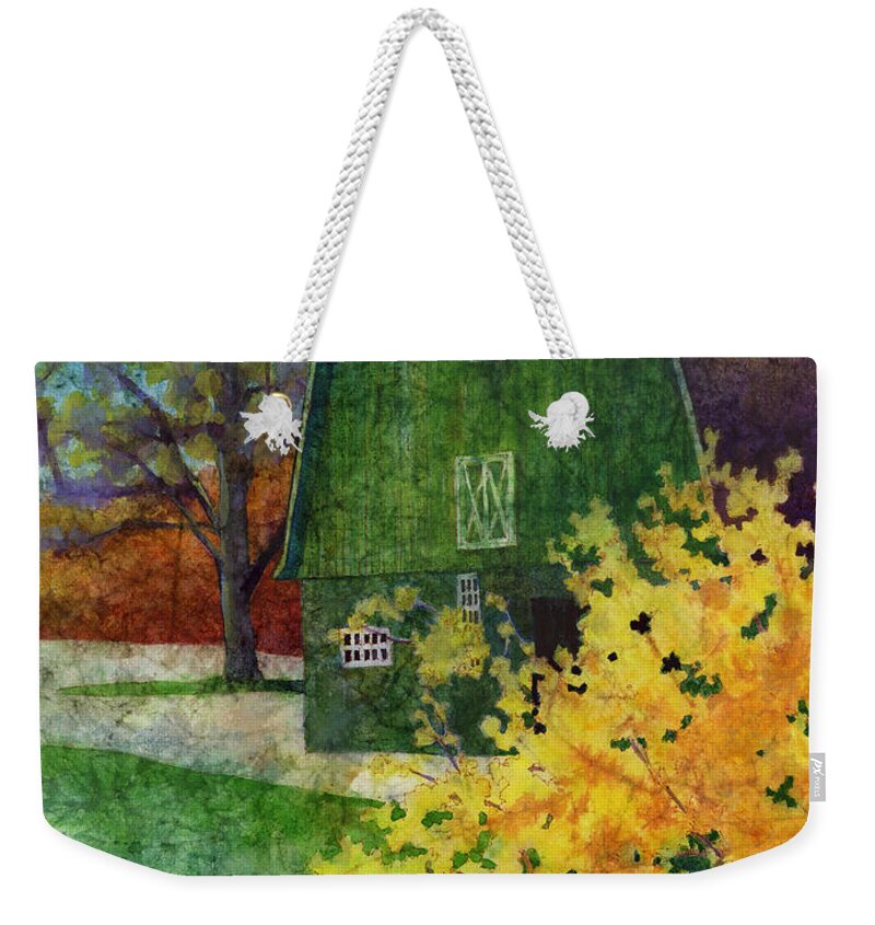 Barn Weekender Tote Bag featuring the painting Green Barn by Hailey E Herrera