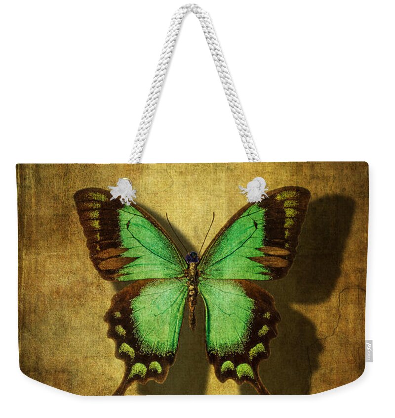 Still Life Weekender Tote Bag featuring the photograph Green Butterfly Shadow by Garry Gay