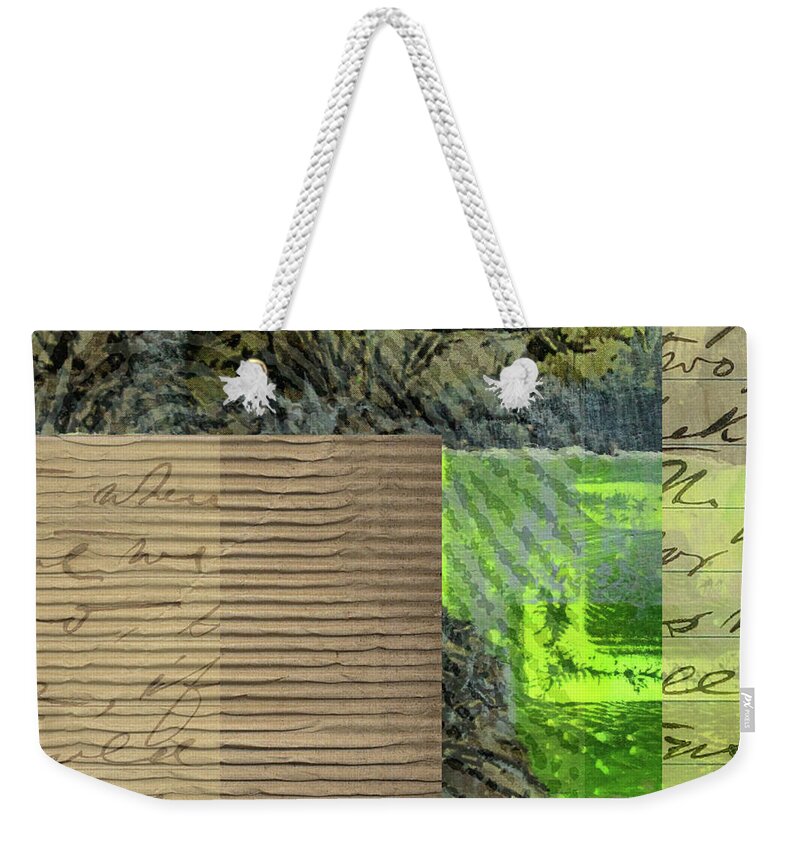 Green Abstract Collage Painting Weekender Tote Bag featuring the mixed media Green Collage No. 6 by Nancy Merkle