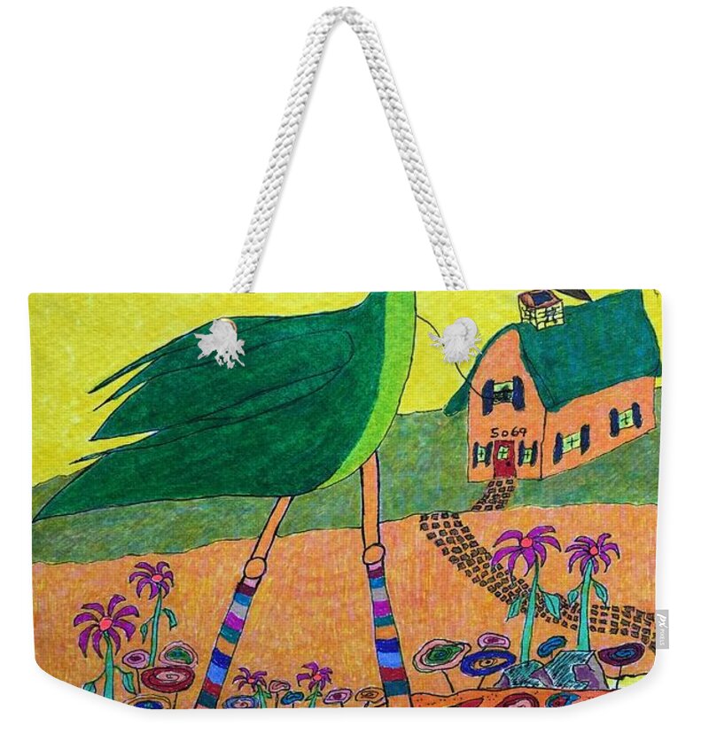 Hagood Weekender Tote Bag featuring the painting Green Crane with Leggings and Painted Toes by Lew Hagood