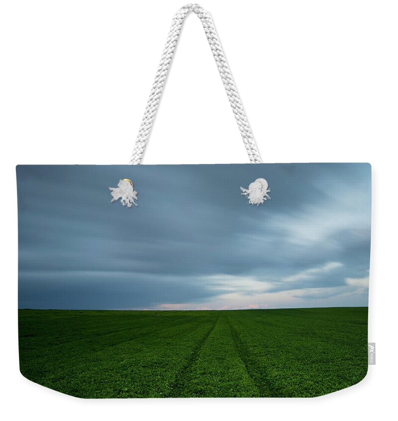 Freedom Weekender Tote Bag featuring the photograph Green field and cloudy sky by Michalakis Ppalis