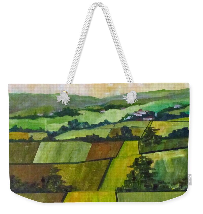 Trees Weekender Tote Bag featuring the painting Green Fields by Barbara O'Toole