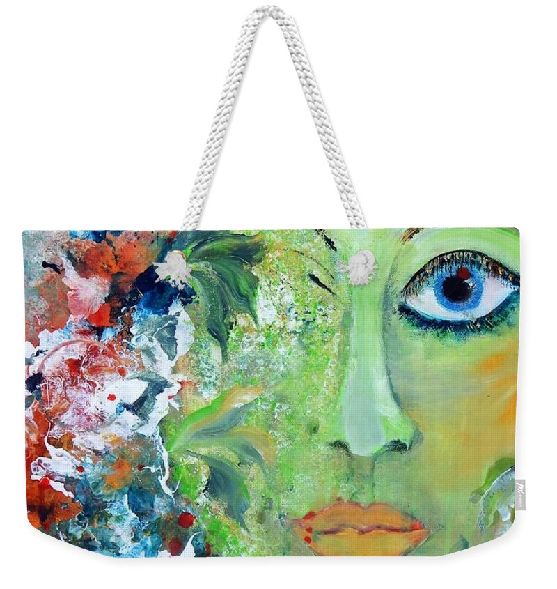 Green Weekender Tote Bag featuring the painting Green Garden Goddess by Lisa Kaiser