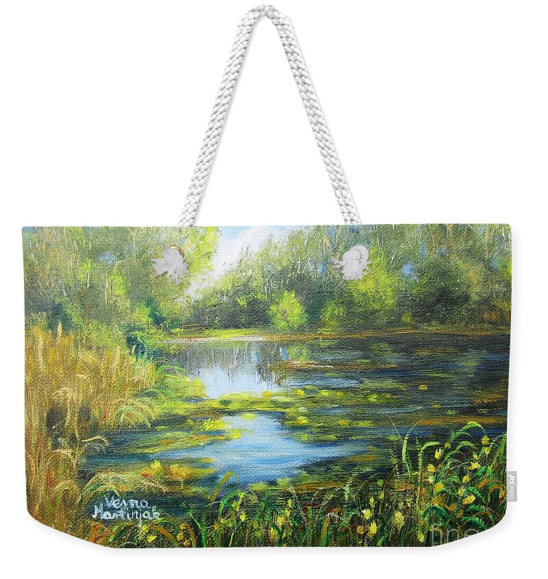 Landscape Weekender Tote Bag featuring the painting Green Lake by Vesna Martinjak