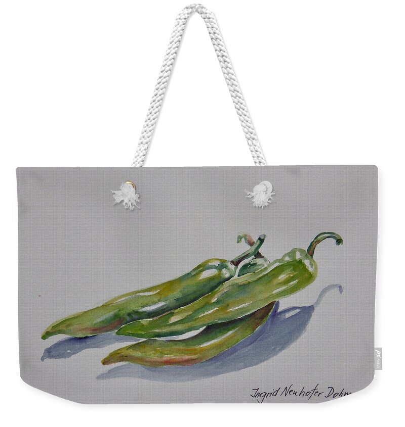 Vegetables Weekender Tote Bag featuring the painting Green Peppers by Ingrid Dohm
