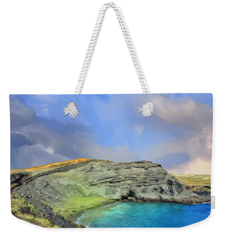 Hawaiian Islands Weekender Tote Bag featuring the painting Green Sand Beach at Papakolea by Dominic Piperata