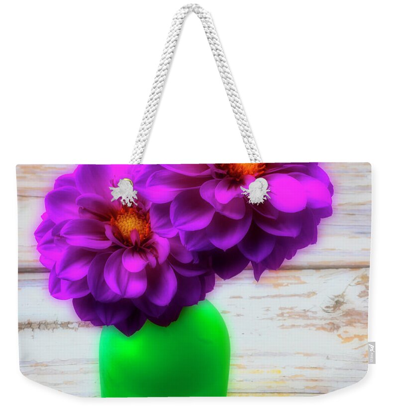 Color Weekender Tote Bag featuring the photograph Green Vase And Dahlias by Garry Gay