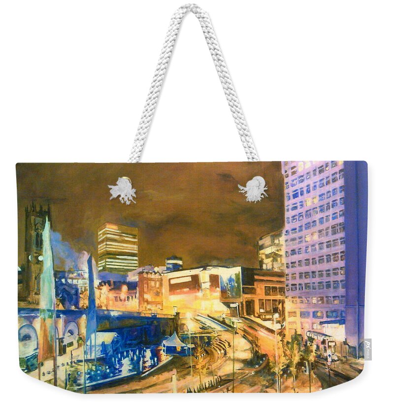 Manchester City Centre Weekender Tote Bag featuring the painting Greengate, Salford, Manchester At Night by Rosanne Gartner