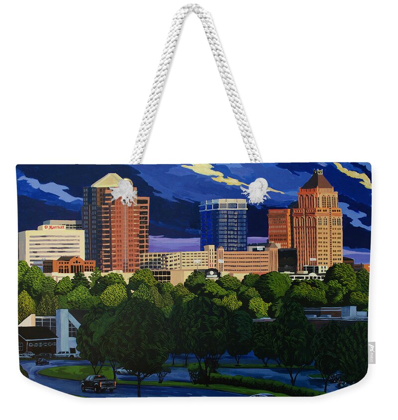 Greensboro Weekender Tote Bag featuring the painting Greensboro Golden Hour by John Gibbs