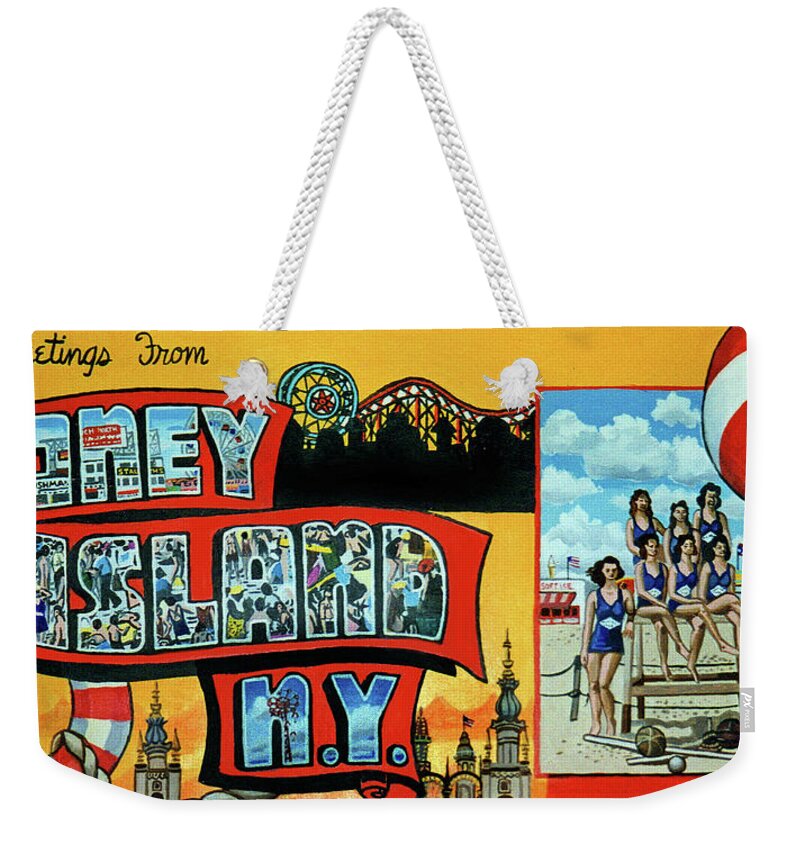 Coney Island Weekender Tote Bag featuring the painting Greetings From Coney Island Towel Verson by Bonnie Siracusa