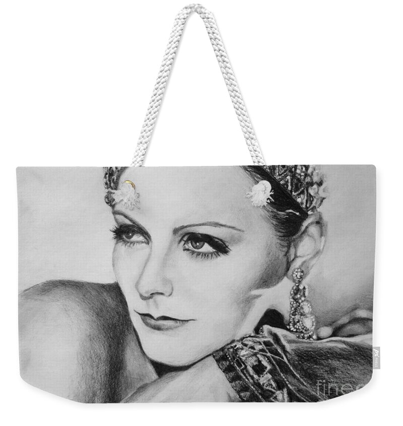 Greta Garbo Weekender Tote Bag featuring the drawing Greta Garbo by Elaine Berger