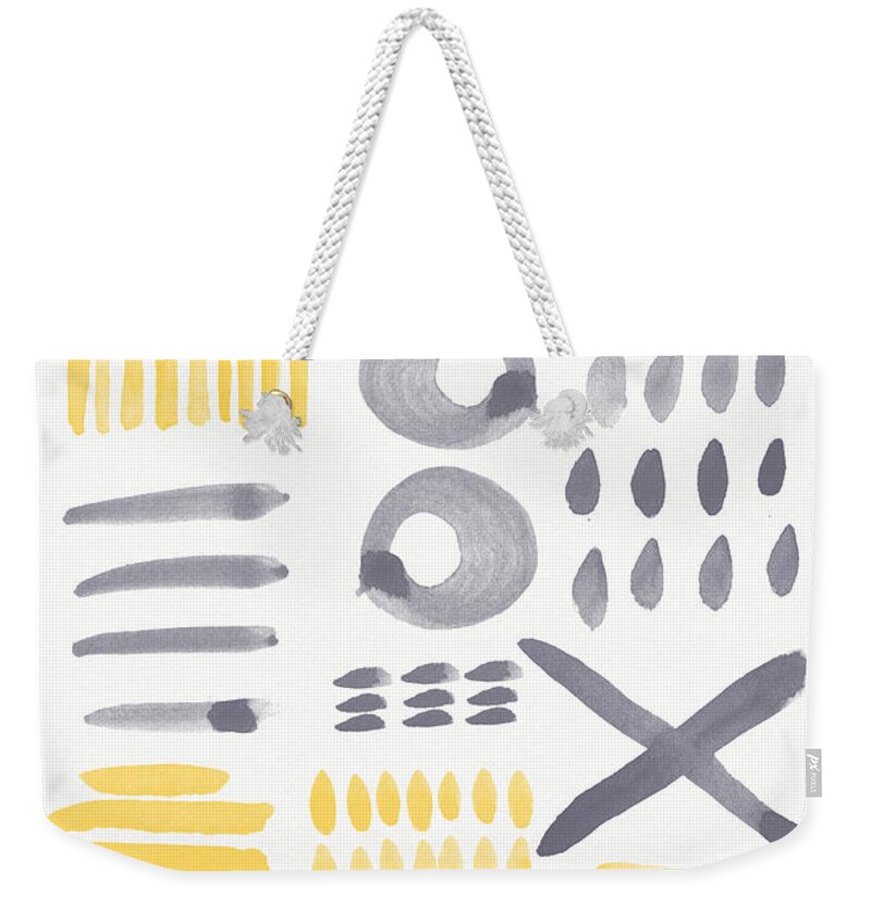 Grey And Yellow Weekender Tote Bag featuring the painting Grey and Yellow Shapes- abstract painting by Linda Woods