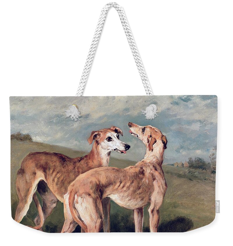 Greyhound Weekender Tote Bag featuring the painting Greyhounds by John Emms