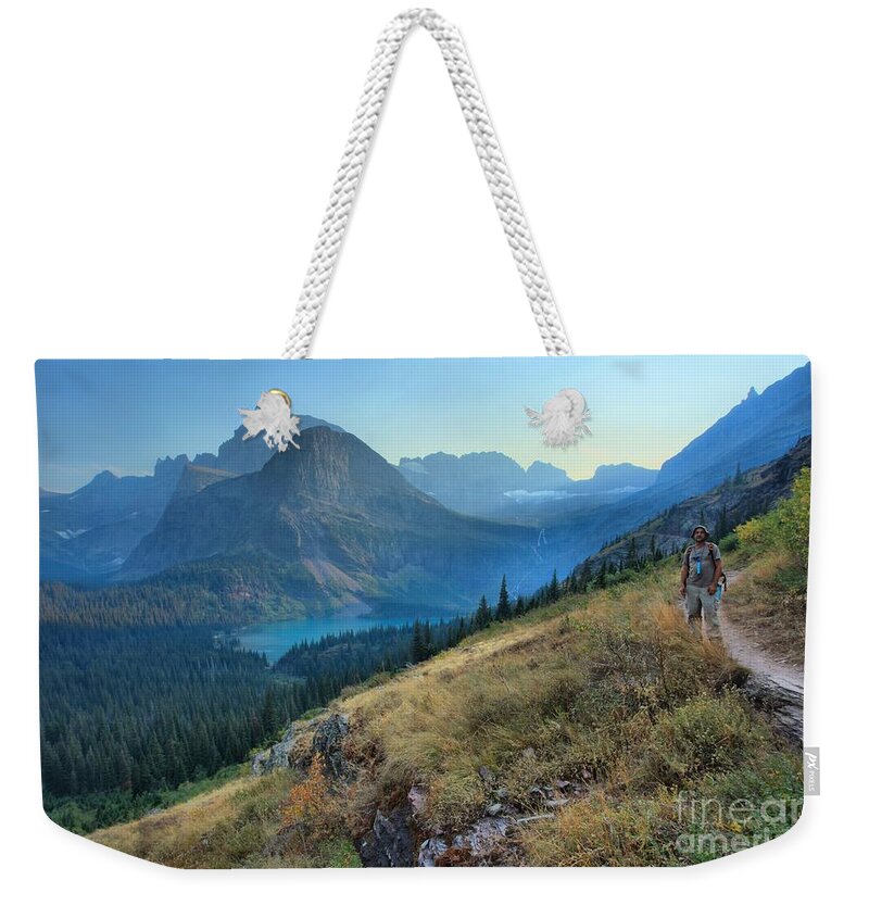 Grinnell Weekender Tote Bag featuring the photograph Grinnell Glacier Trail Hiker by Adam Jewell