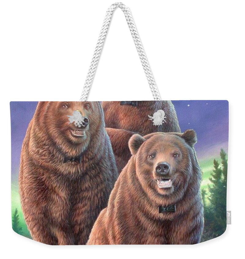Grizzly Weekender Tote Bag featuring the painting Grizzly Bears in starry night by Hans Droog