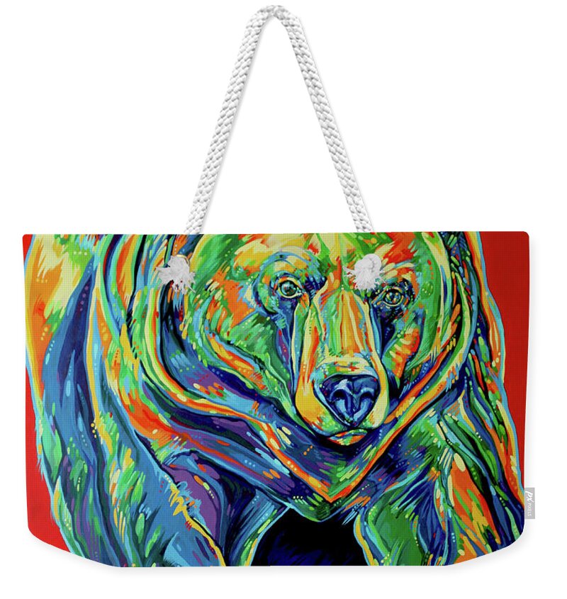 Grizzly Weekender Tote Bag featuring the painting Grizzly on the move by Derrick Higgins