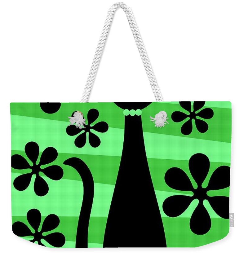 Donna Mibus Weekender Tote Bag featuring the digital art Groovy Flowers with Cat Green and Light Green by Donna Mibus