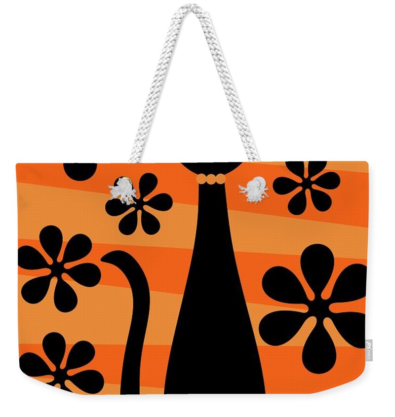 Donna Mibus Weekender Tote Bag featuring the digital art Groovy Flowers with Cat Orange and Light Orange by Donna Mibus