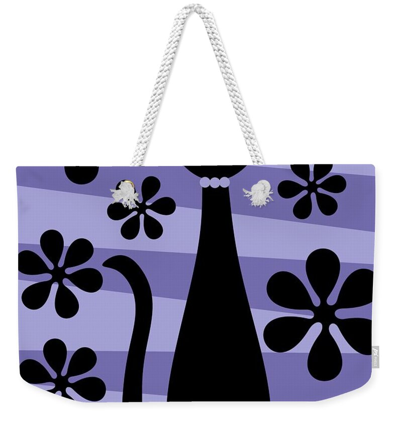 Donna Mibus Weekender Tote Bag featuring the digital art Groovy Flowers with Cat Purple and Light Purple by Donna Mibus