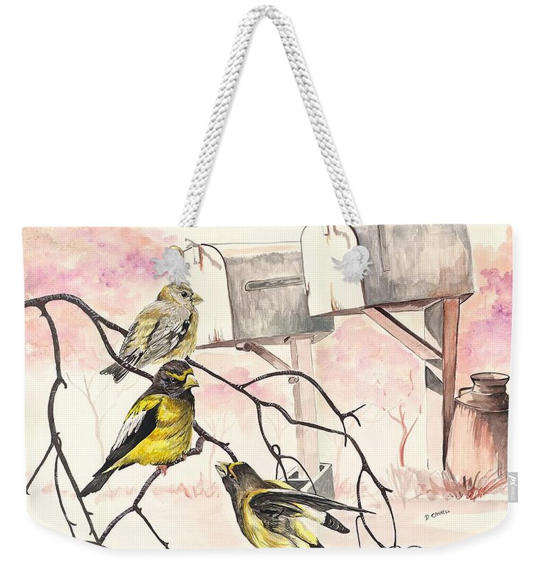 Grosbeaks Weekender Tote Bag featuring the painting Grosbeaks by Darren Cannell