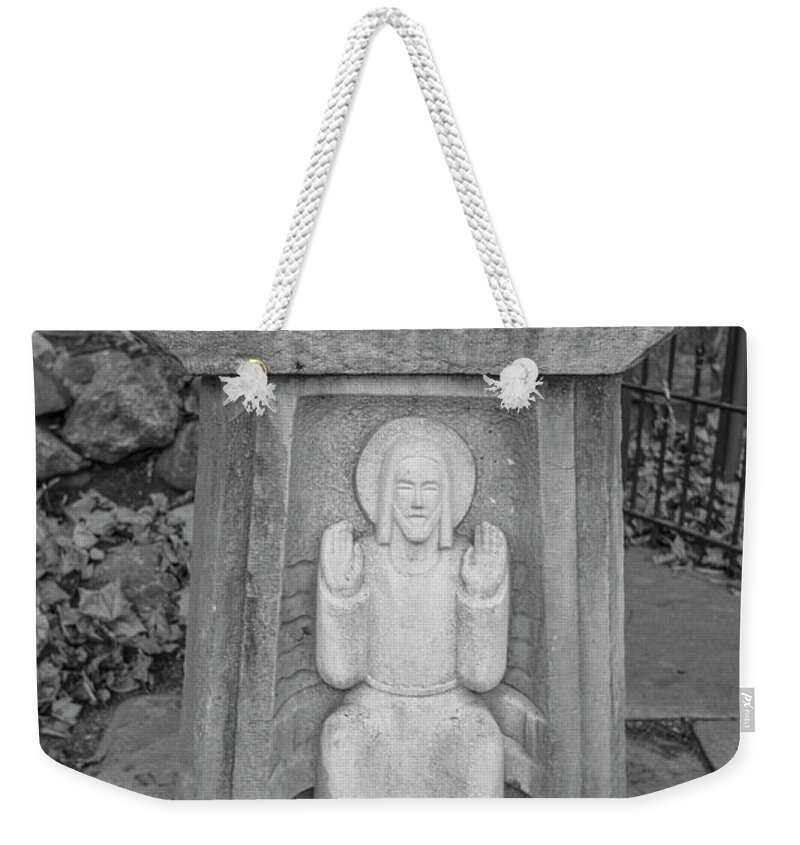 American University Weekender Tote Bag featuring the photograph Grotto of Our Lady of Lourdes drinking fountain by John McGraw