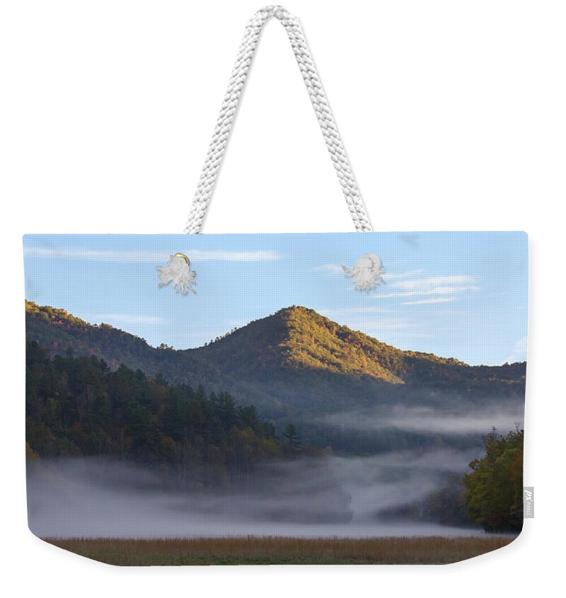 Mountains Weekender Tote Bag featuring the photograph Ground Fog in Cataloochee Valley - October 12 2016 by D K Wall