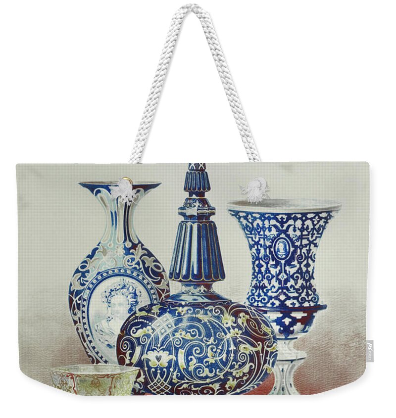 1800s Weekender Tote Bag featuring the painting Group of glass from the Industrial arts of the Nineteenth Century by Vincent Monozlay